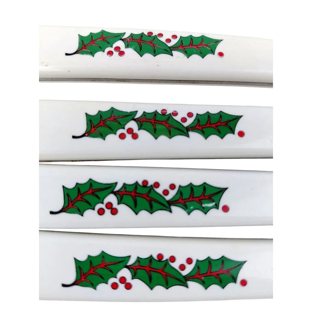 Vtg Stainless Silverware Flatware Plastic Christmas Holly Leaves Berries  Pcs